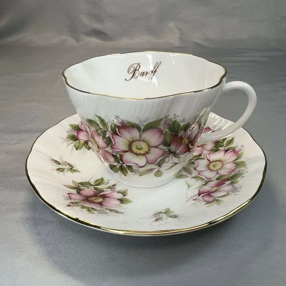 Queen's‎ Prairie Rose Tea Cup and Saucer Banff Alberta England Bone China